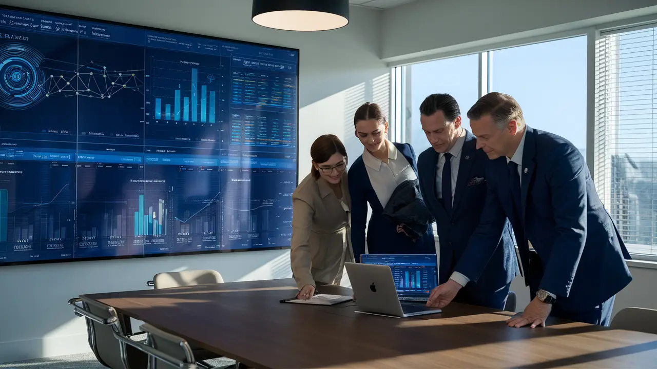 Profissionais analisando visualizações de dados do Power BI em escritório moderno com tela digital.