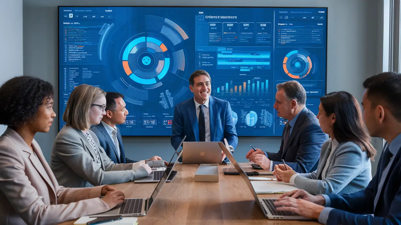 Tela digital grande exibindo dashboards do Power BI em uma sala de reunião com profissionais discutindo ao redor.