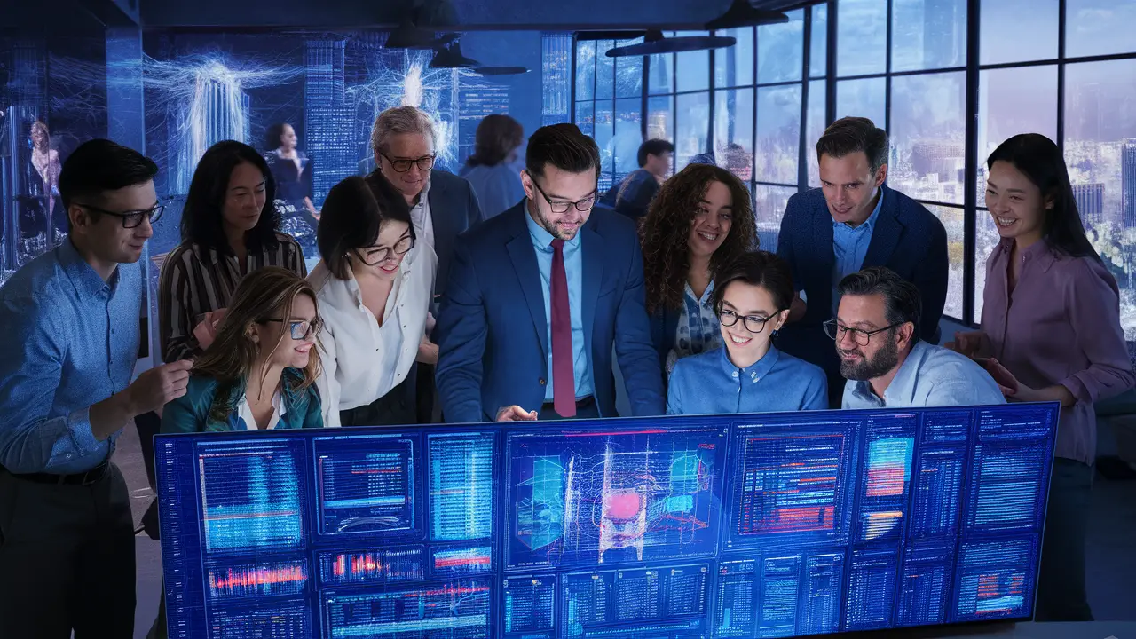 Equipe diversa analisando dados em tela digital em escritório moderno com vista para a cidade.