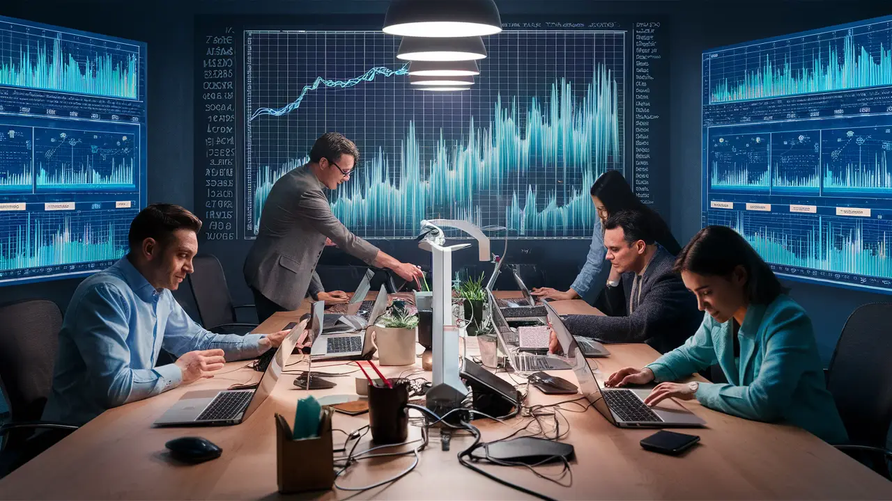 Profissionais em mesa de escritório com laptops e gráficos de dados em telas, mostrando integração tecnológica.