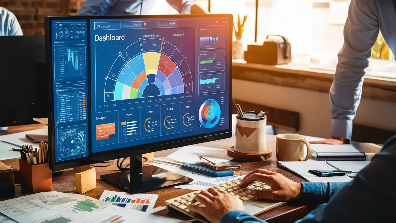 Monitor de computador exibindo um painel do Power BI em uma mesa de escritório com ferramentas analíticas.