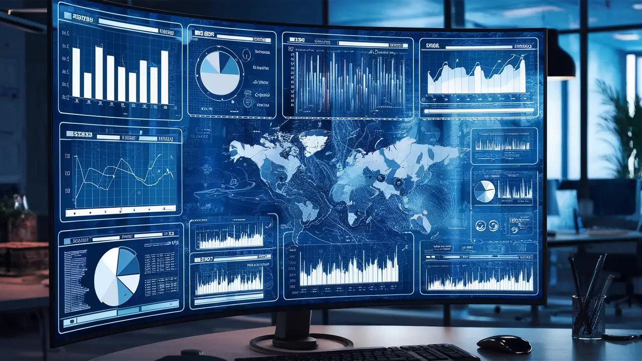 Painel de controle digital com gráficos de barras, linhas e pizza, e mapa em tela de computador grande.