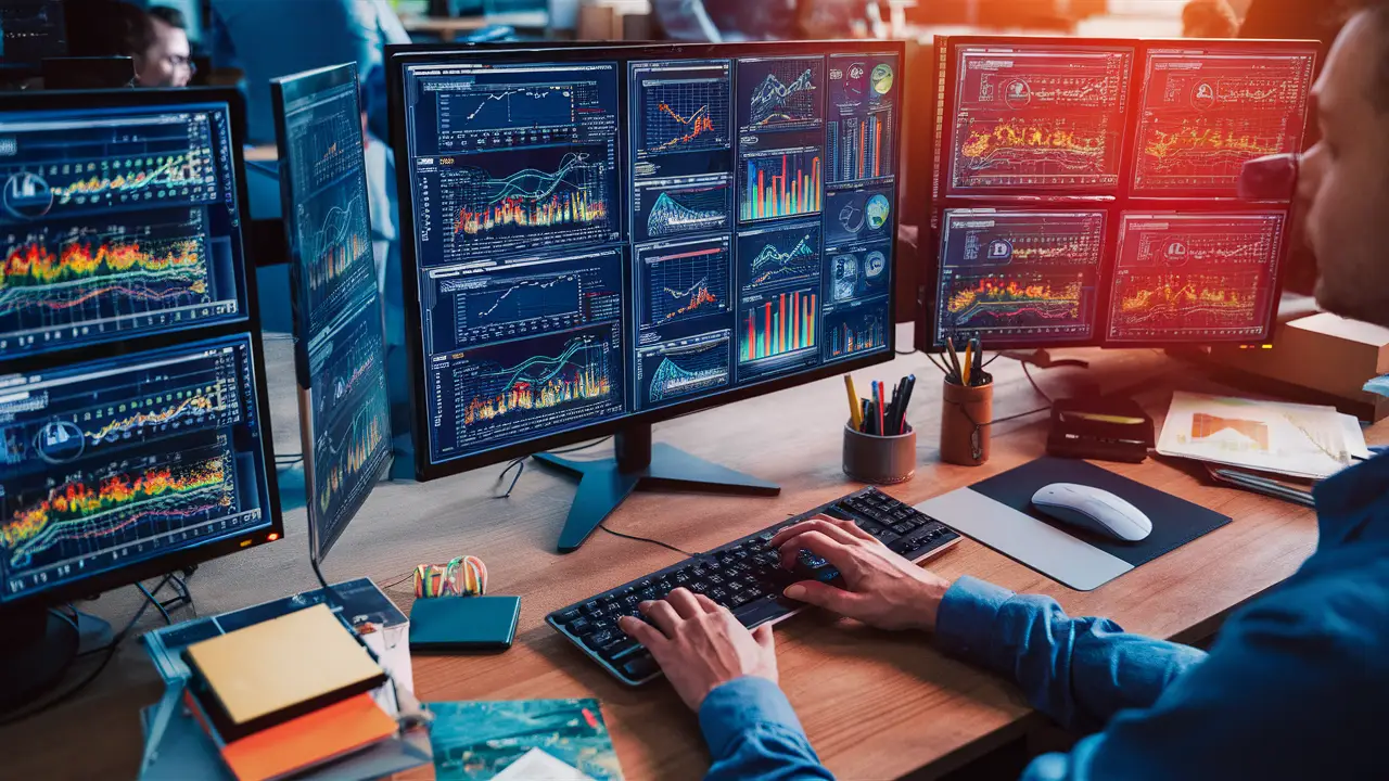 Ambiente de trabalho digital com monitores grandes exibindo gráficos coloridos, pessoa usando mouse e teclado.