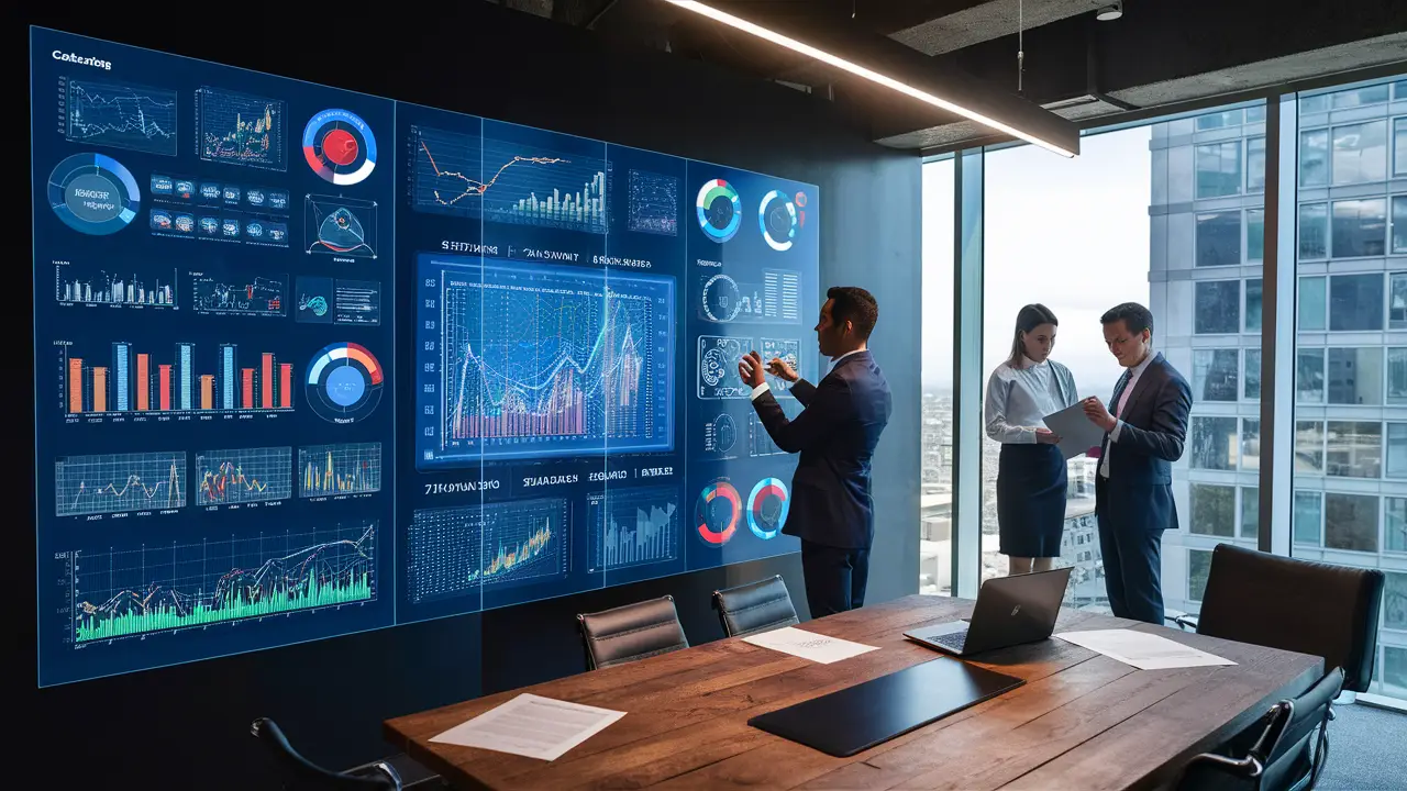 Ambiente de escritório com um grande painel digital mostrando gráficos coloridos e duas pessoas analisando dados.