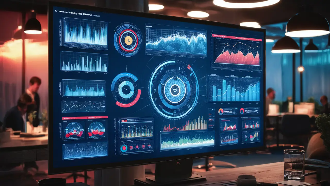 Tela de dashboard digital com gráficos interativos em um escritório moderno.