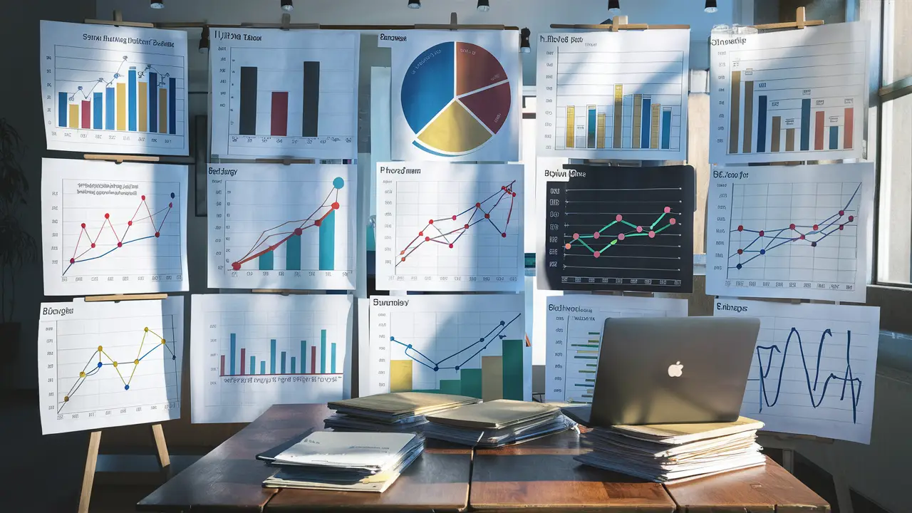 Vários tipos de gráficos coloridos em um quadro branco, com laptop e papéis sobre uma mesa de madeira.