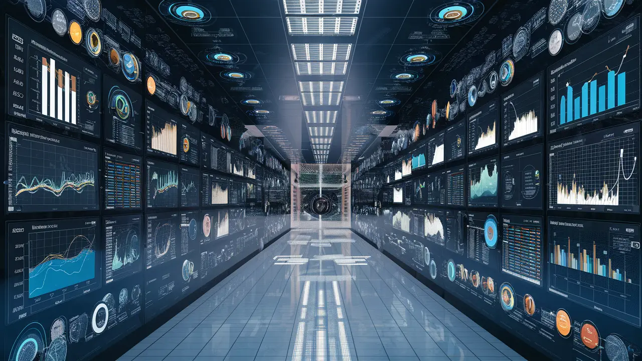 Painel digital moderno com widgets, gráficos e tabelas de dados em uma interface azul e cinza.