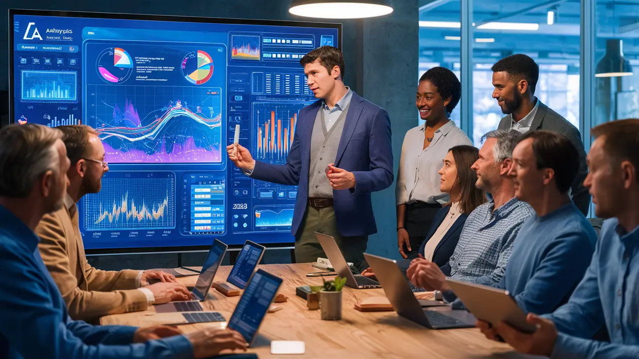 Pessoas diversas em um escritório moderno analisam visualizações de dados em uma tela digital interativa.