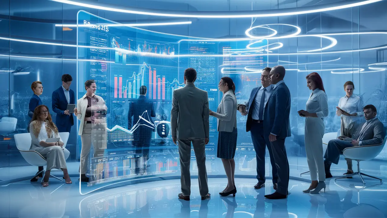 Equipe de funcionários em um escritório futurista observando uma tela digital com análises de negócios.
