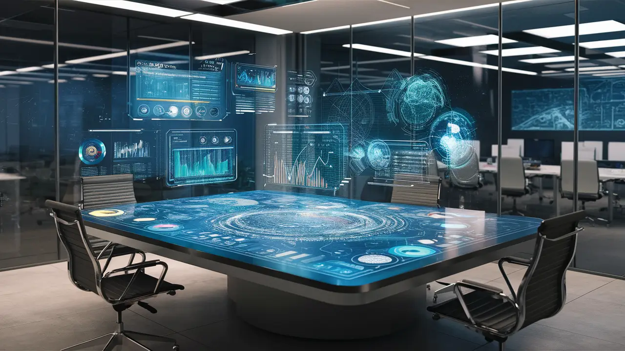 Ambiente de trabalho futurista com mesa de toque exibindo dados e interfaces holográficas em um escritório moderno.