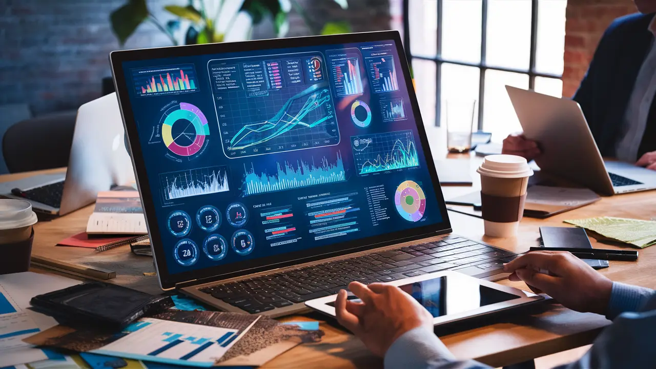 Painel digital com gráficos coloridos sobre mesa de escritório moderno, cercado por laptops e tablets.