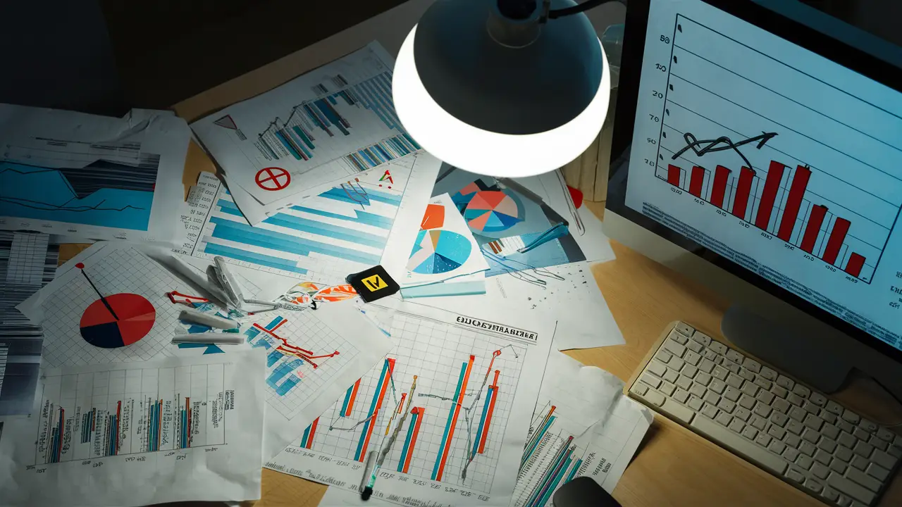 Mesa desorganizada com gráficos sobrepostos e sinais de alerta ao lado de tela de computador com gráfico de barras sem rótulos.