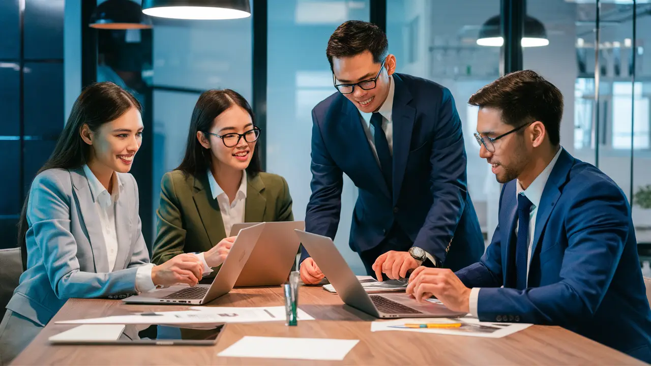 Profissionais de negócios colaborando em mesa de conferência com laptops e papéis em escritório moderno.