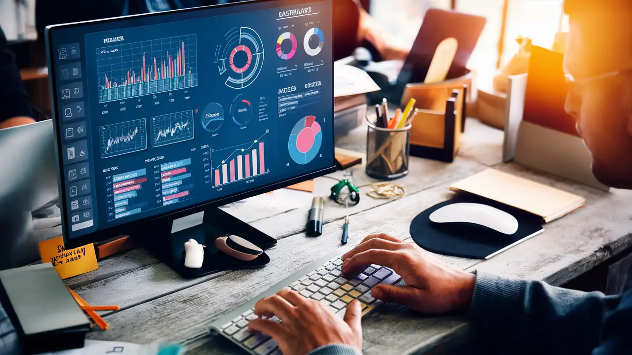 Tela de computador com dashboard de gráficos coloridos, teclado e mouse sobre uma mesa de madeira.