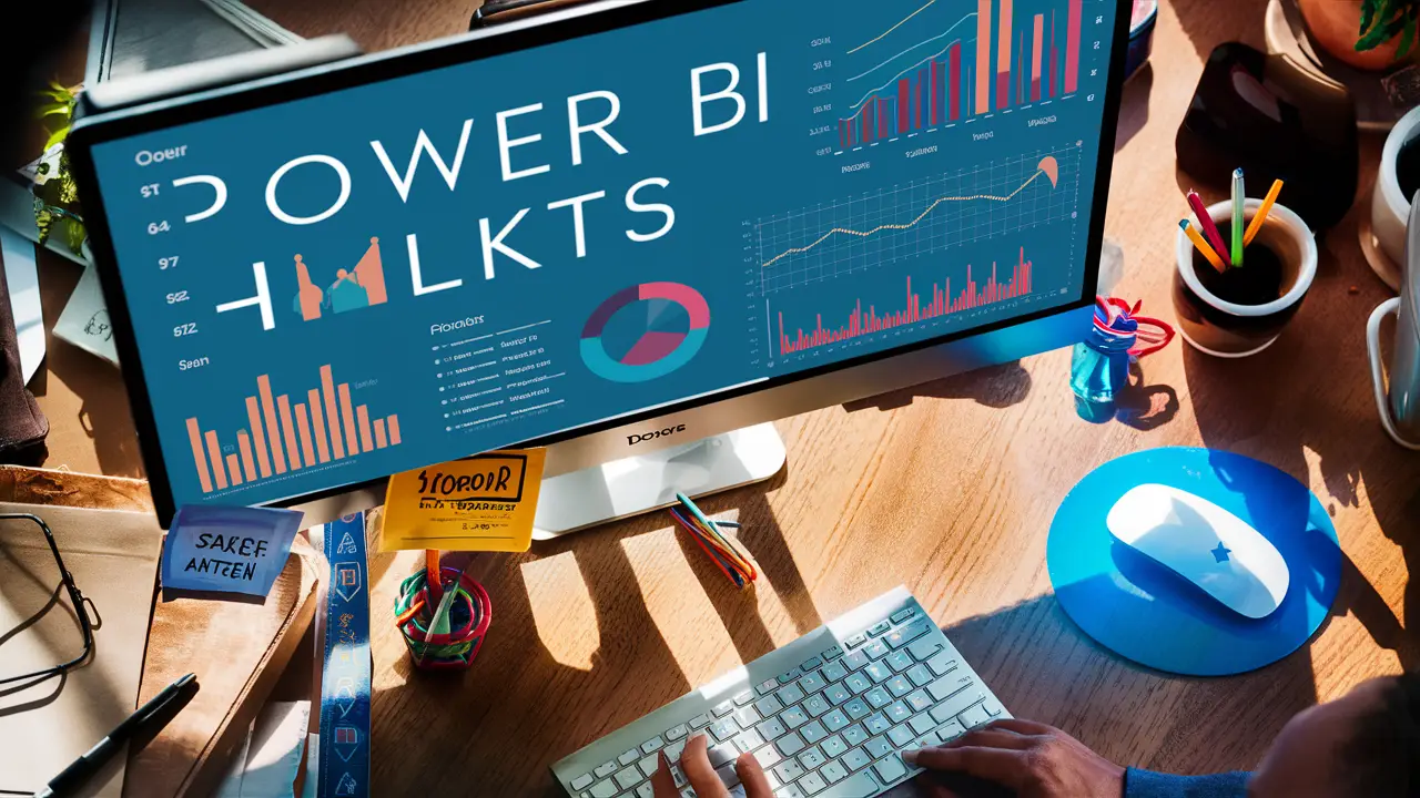 Tela de computador mostrando interface do Power BI com gráficos coloridos, teclado e mouse em mesa de madeira.