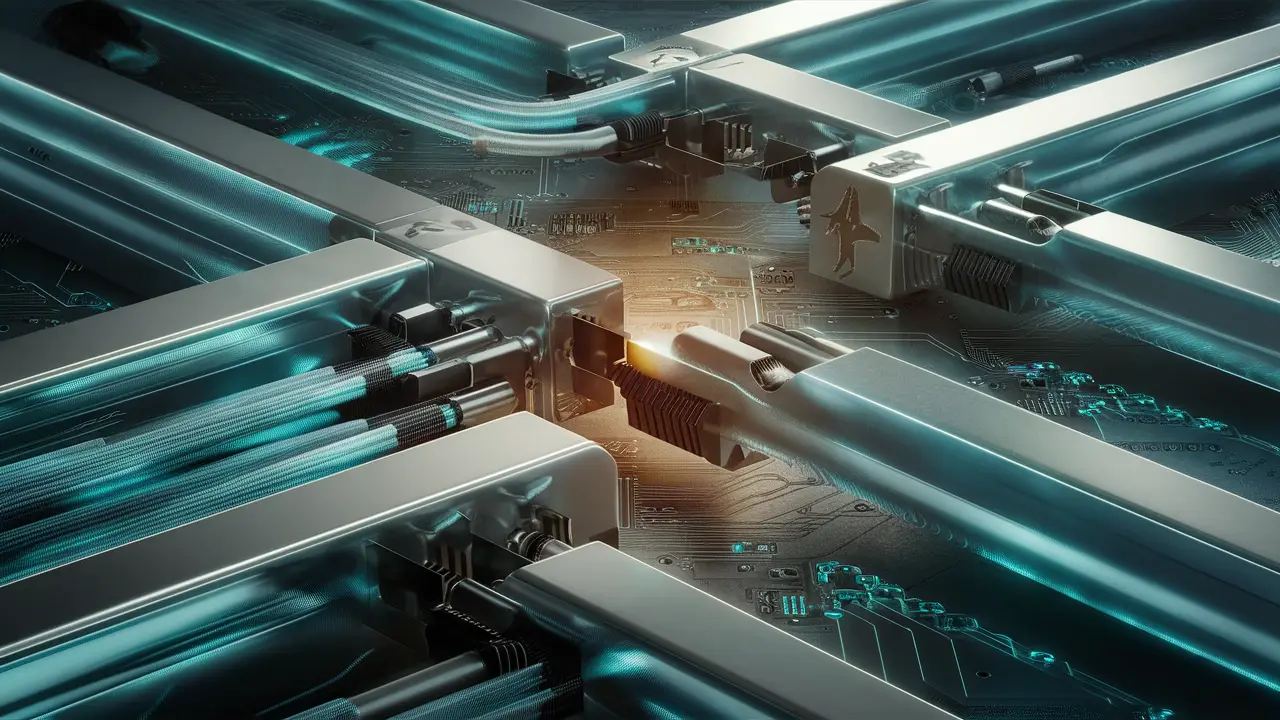 Formas geométricas metálicas interconectadas com cabos de fibra ótica e padrões de circuitos digitais.
