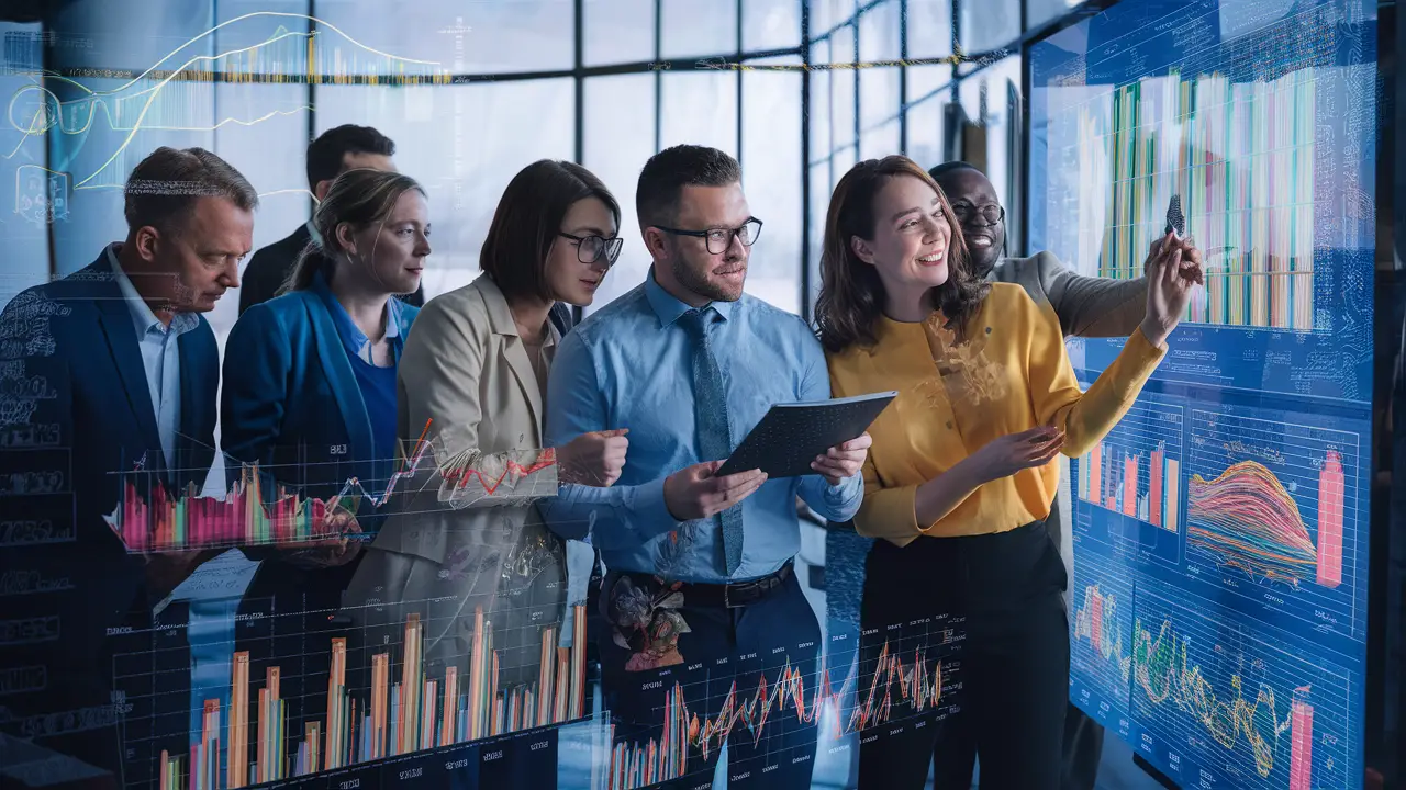 Profissionais analisando gráficos coloridos em uma tela digital grande em um escritório moderno.