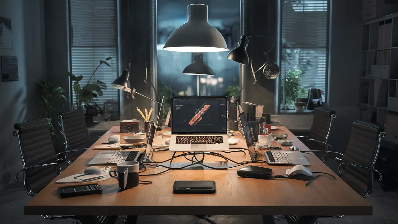 Escritório moderno com laptop mostrando painel do Power BI e várias ferramentas de software integradas.