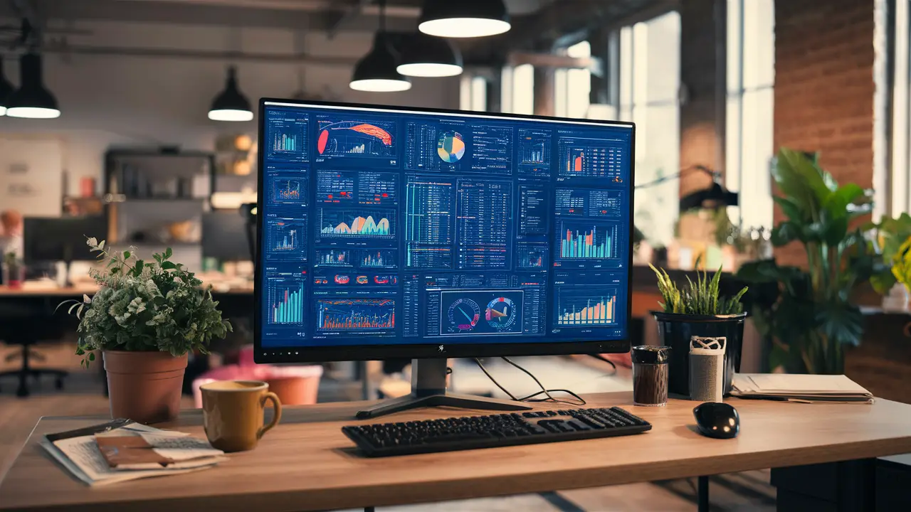 Grande tela de computador em escritório mostrando um dashboard colorido com gráficos, cercado por plantas e uma caneca.