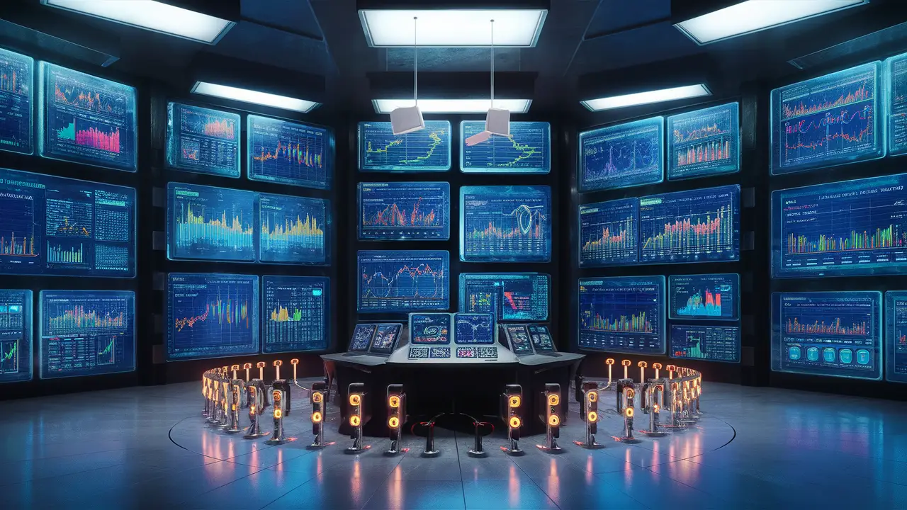 Sala de centro de dados com telas transparentes exibindo gráficos coloridos e bloqueios de segurança brilhantes.