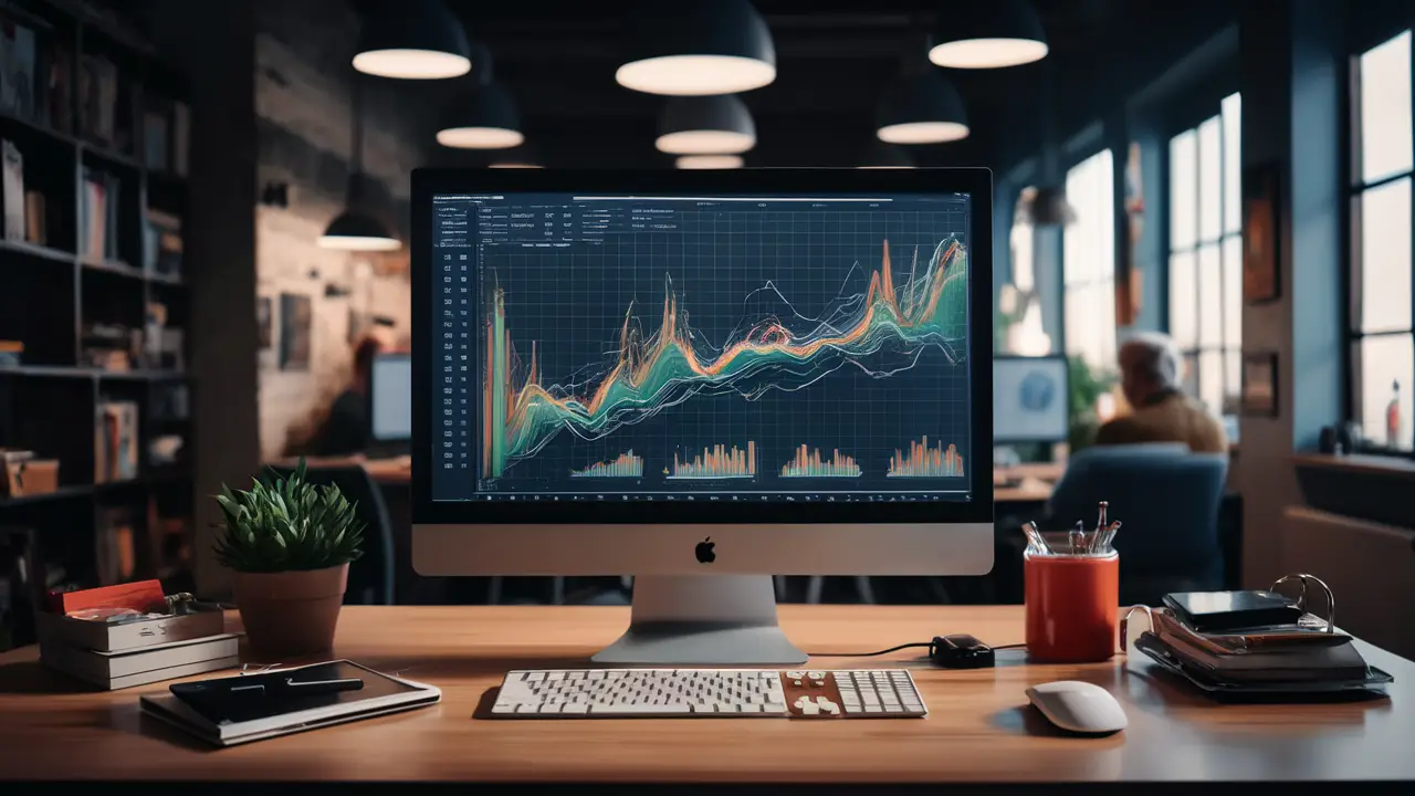 Tela de computador exibindo gráficos de barras coloridos em Power BI com fundo de escritório moderno.