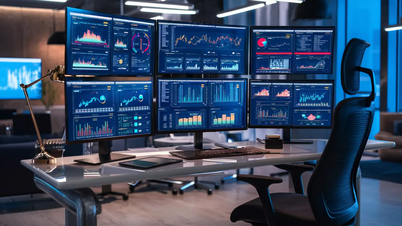 Monitores exibindo painéis do Power BI com gráficos, tabelas e dados em um escritório moderno com mesa e cadeira ergonômica.