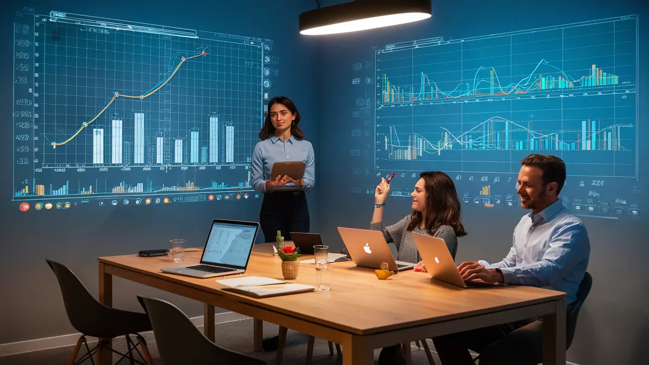 Equipe em sala de conferência trabalhando em laptops com gráficos e tabelas projetados em tela grande.
