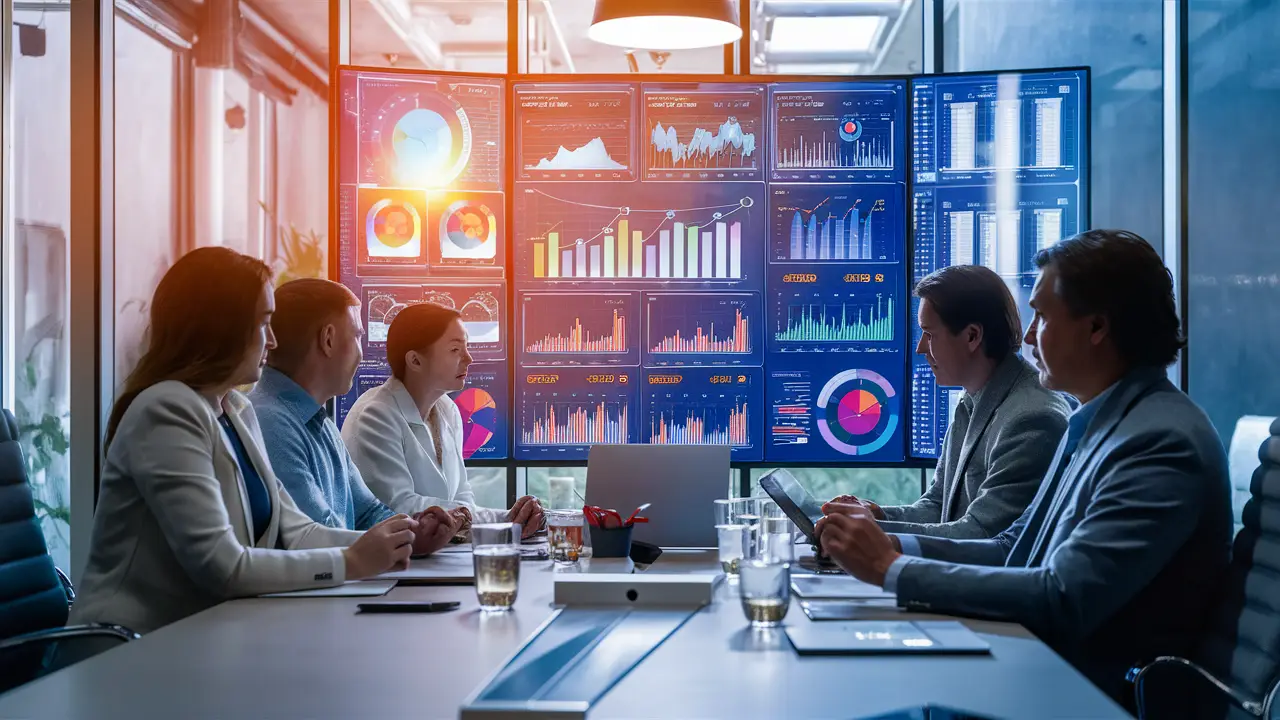 Profissionais de negócios em torno de uma mesa de conferência, olhando para um painel digital na parede com gráficos coloridos.