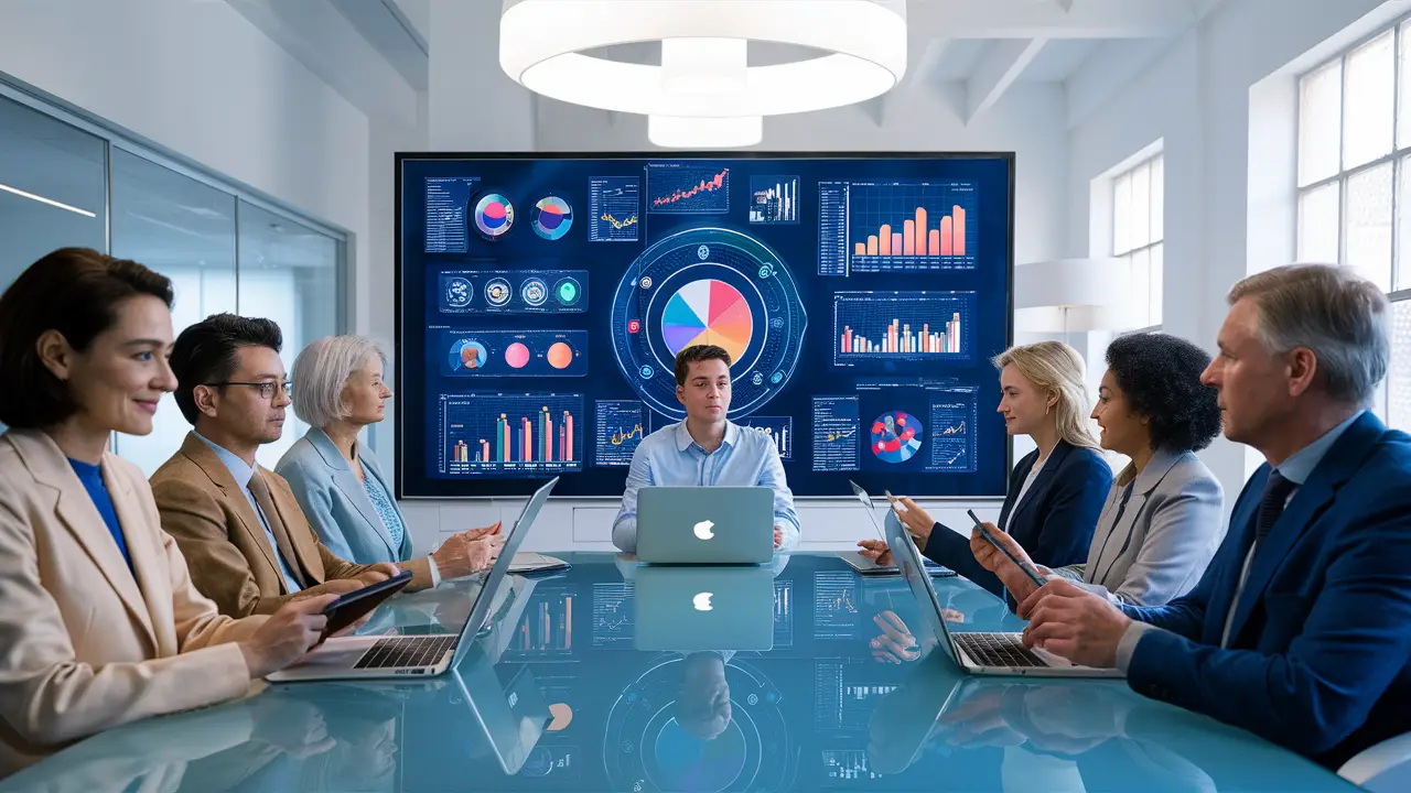 Conferência em escritório moderno com tela interativa exibindo gráficos coloridos e pessoas usando laptops.