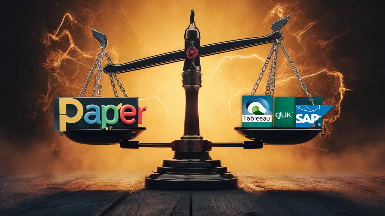 Balança digital com logotipo do Power BI de um lado e logotipos de ferramentas de BI concorrentes do outro.