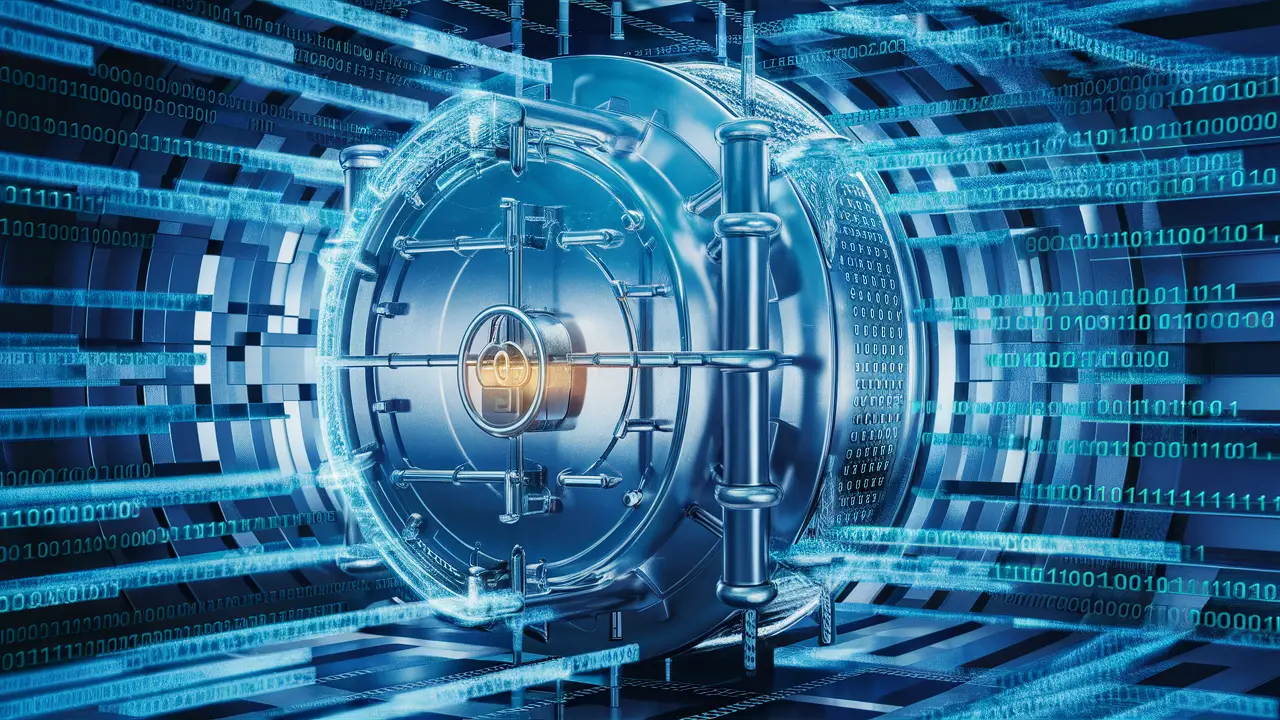 Cofre digital metálico com cadeado brilhante cercado por fluxos de código binário, estrutura de dados dentro do cofre.