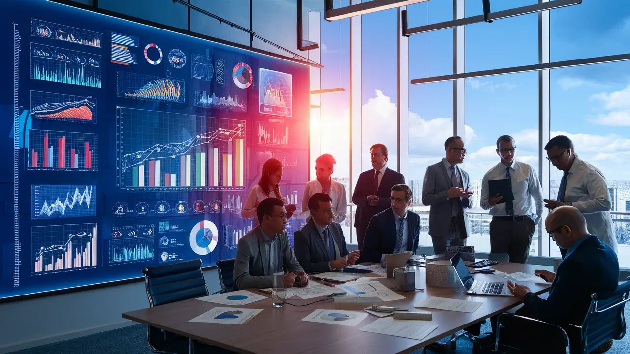 Profissionais em escritório discutem gráficos em tela digital interativa com laptops e papéis na mesa.