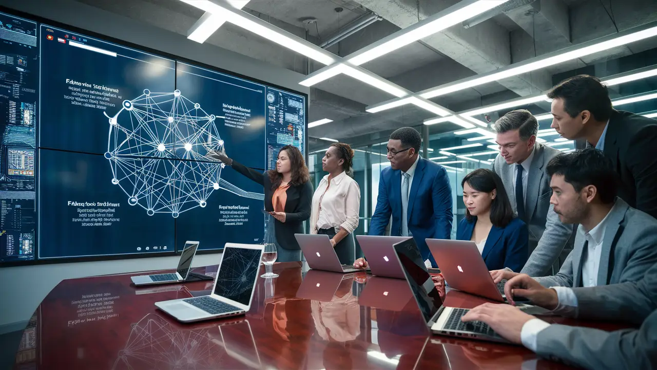 Pessoas discutindo diagrama de arquitetura do Microsoft Fabric em uma tela digital em um escritório moderno.