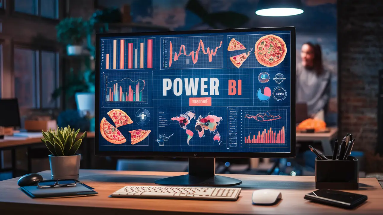 Painel interativo do Power BI com gráficos e mapa em tela de computador em escritório moderno.