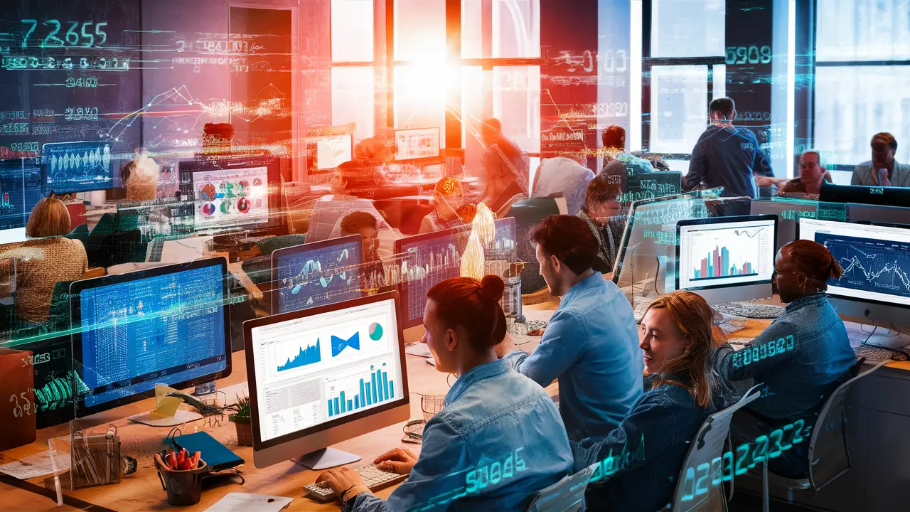 Pessoas diversas em um escritório movimentado trabalhando em computadores com gráficos de dados nas telas.