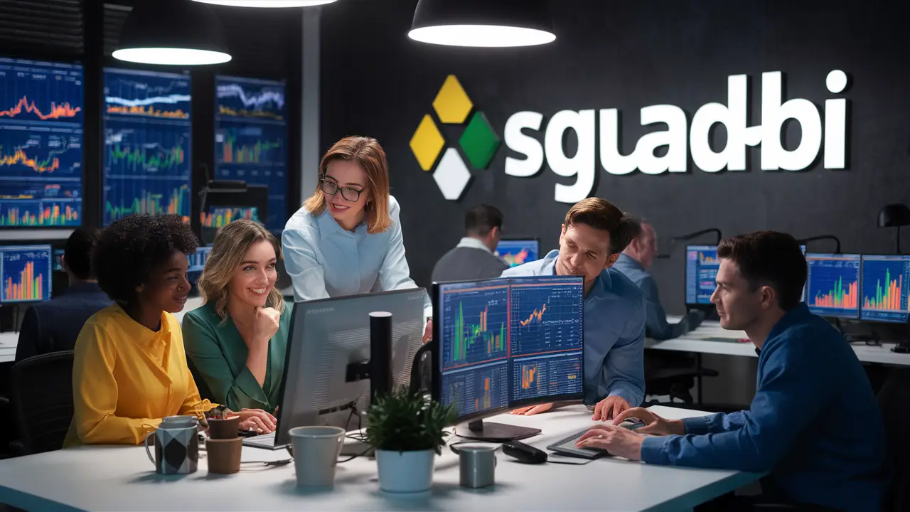 Equipe diversa em escritório moderno analisando gráficos coloridos em monitores com logotipo 'SquadBI' ao fundo.
