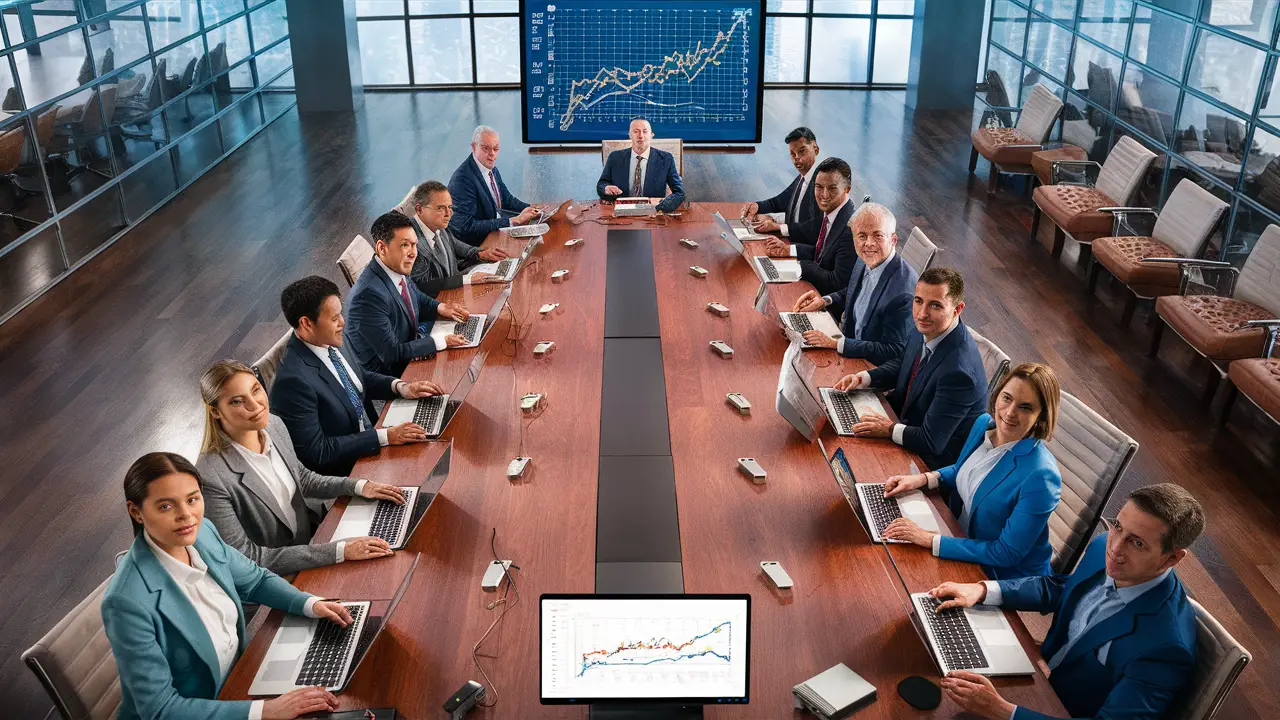 Profissionais de negócios analisando ferramentas de BI em uma sala de conferência com gráficos na tela.
