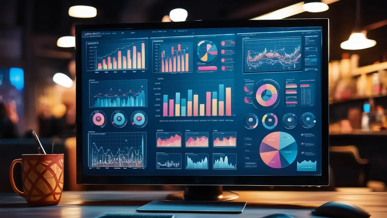 Dashboard digital com gráficos de barras, pizzas e linhas coloridos em uma tela de computador.