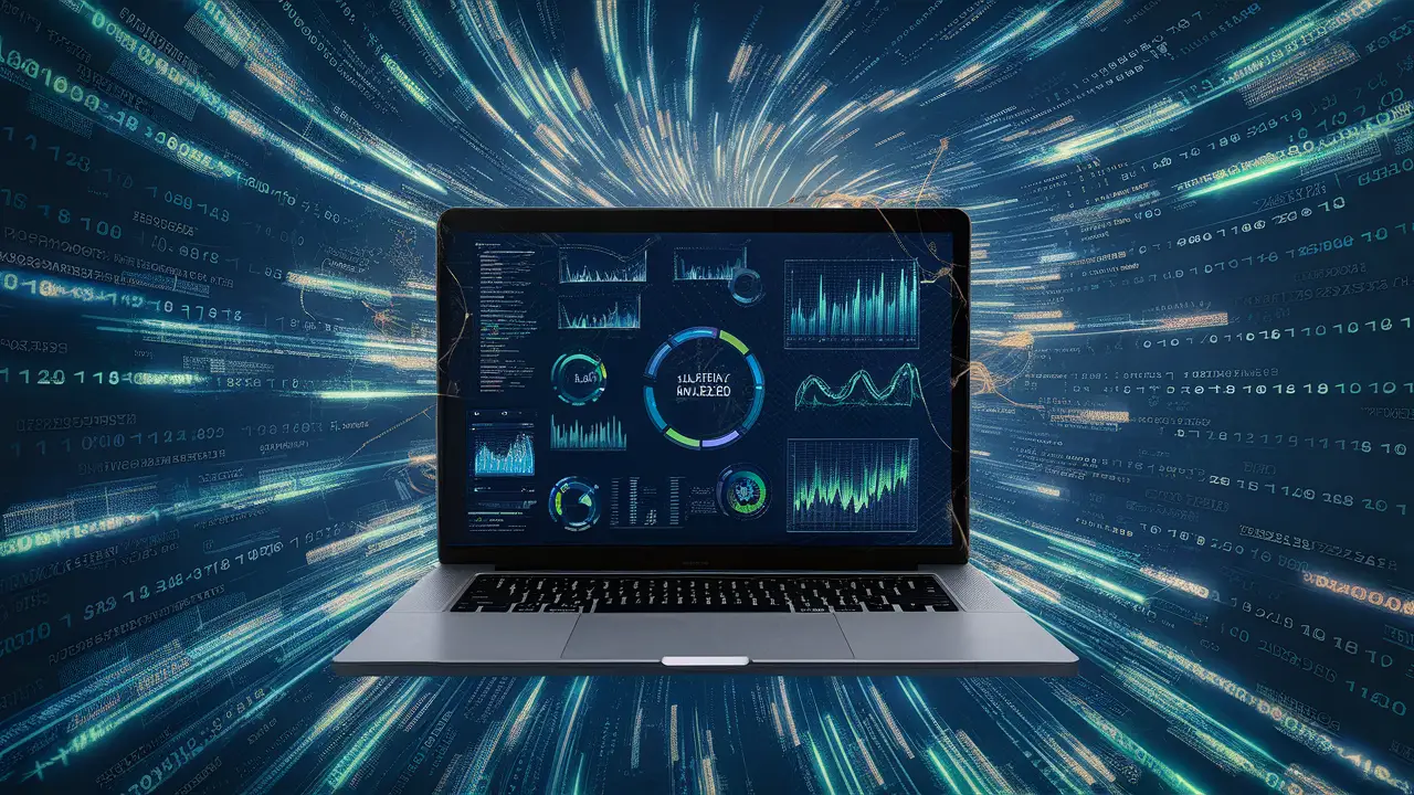 Laptop mostra painel do Power BI com gráficos interconectados e fluxos de código binário em azul e verde.