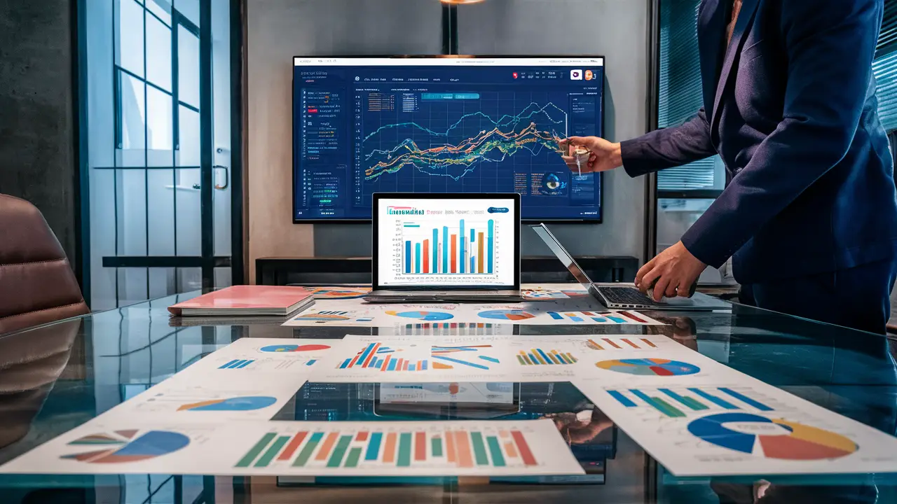 Escritório moderno com mesa de vidro e gráficos coloridos, laptop com visualizações de dados e tela com painel do Power BI.