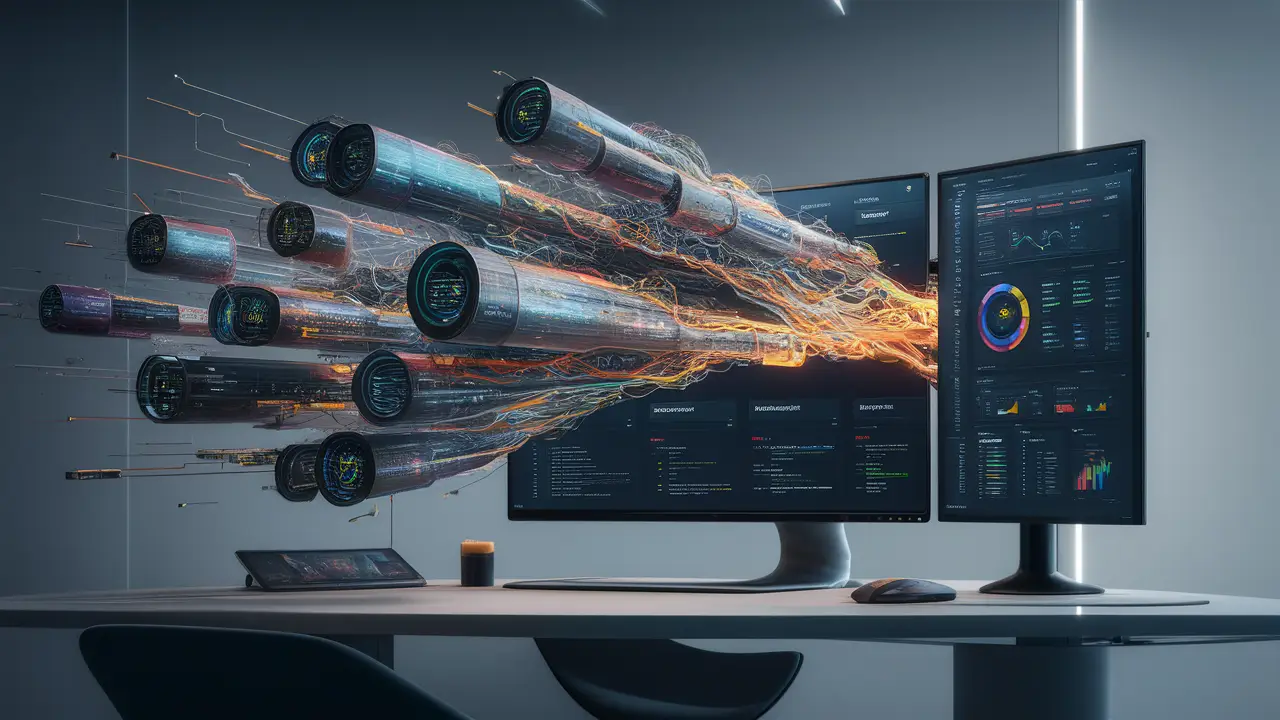 Sistemas de dados interconectados convergindo em um monitor central exibindo o painel do Power BI.