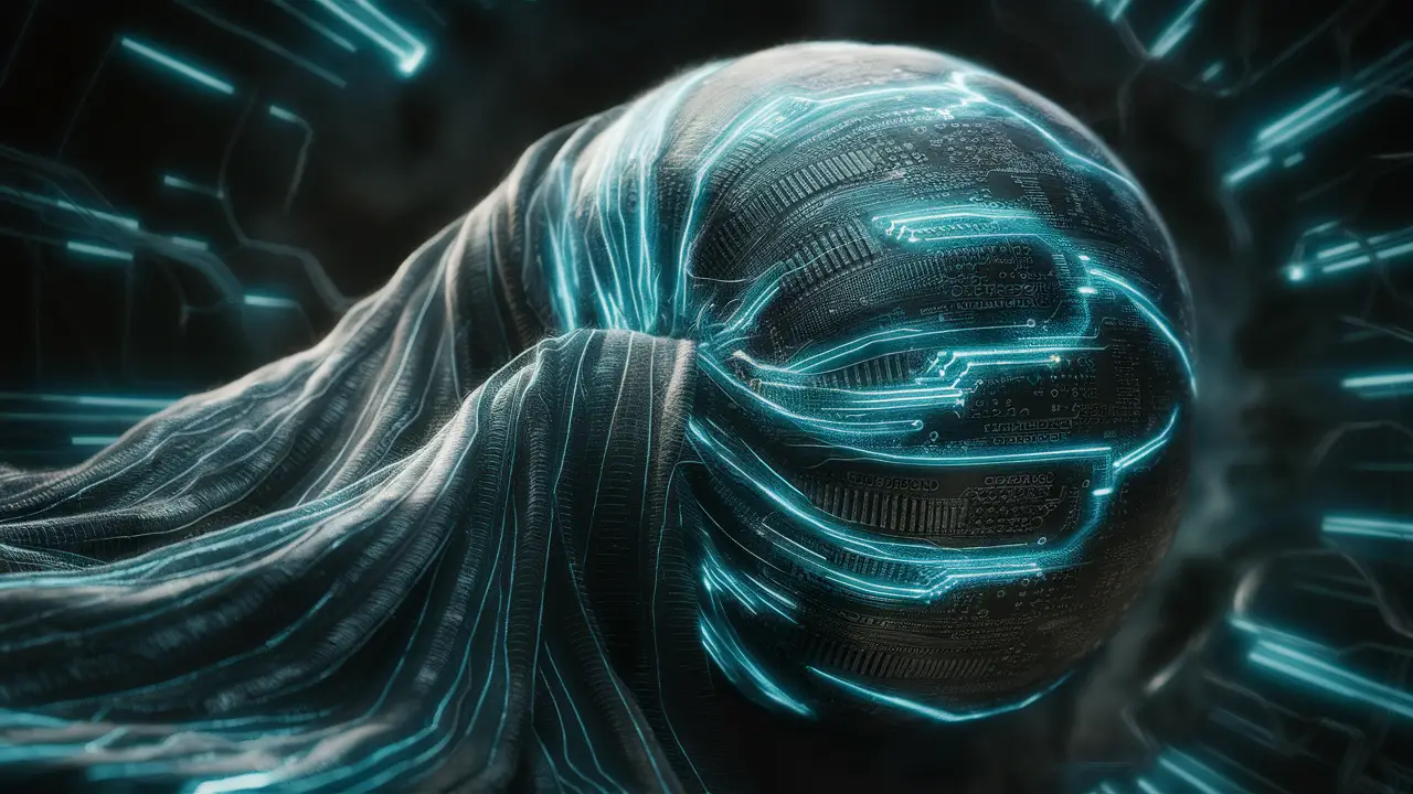 Tecido digital intrincado com padrões de placa de circuito, brilhos azuis e prateados em fundo escuro.