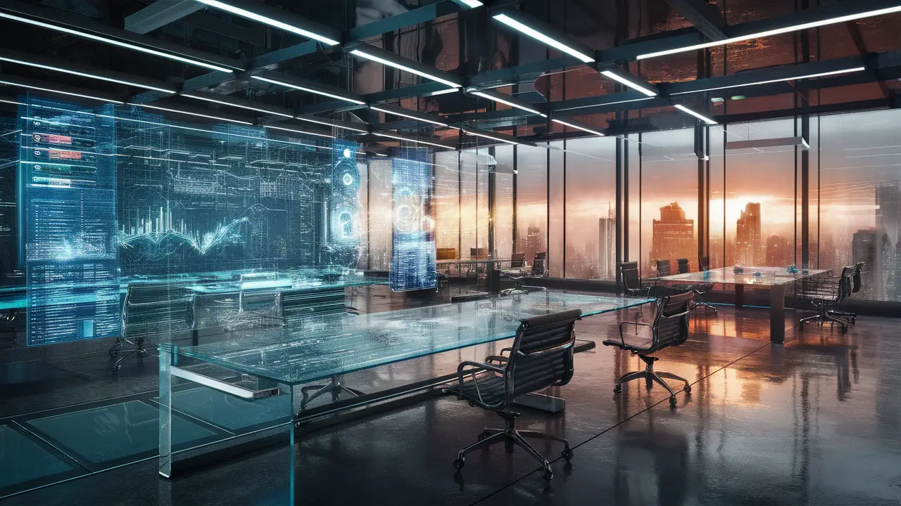 Escritório futurista com telas holográficas mostrando análises de dados e janelas com vista para a cidade.