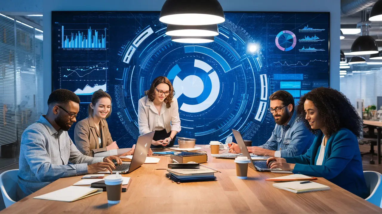 Equipe colaborando em um escritório moderno com laptops e gráficos digitais exibidos em uma tela grande.