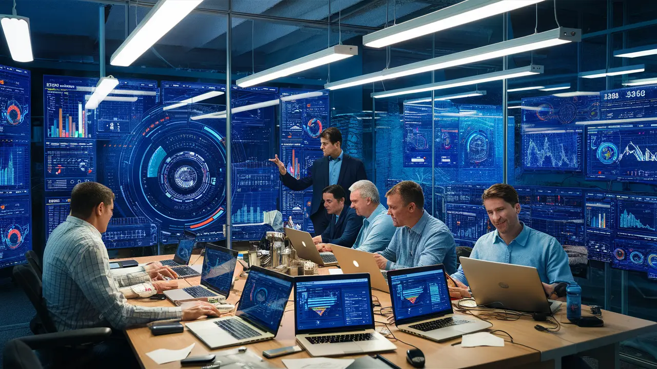 Profissionais analisando dashboards do Power BI em um escritório moderno.