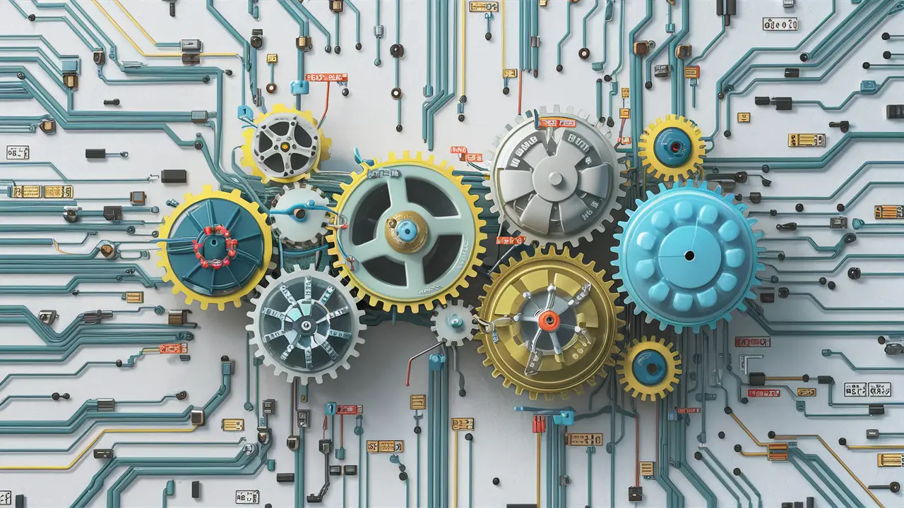 Ilustração de conjunto mecânico com engrenagens, circuitos e nós de dados interligados e etiquetados.