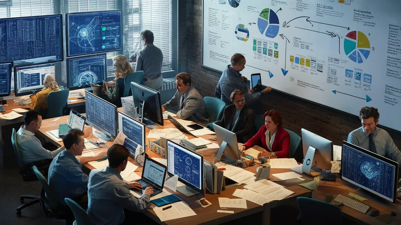 Equipes diversas trabalhando em integração de sistemas em um escritório com monitores e dados interconectados.