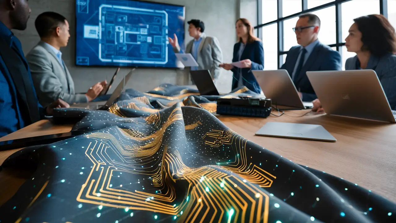 Profissionais discutem em escritório moderno com tecido tecnológico e dispositivos eletrônicos na mesa.