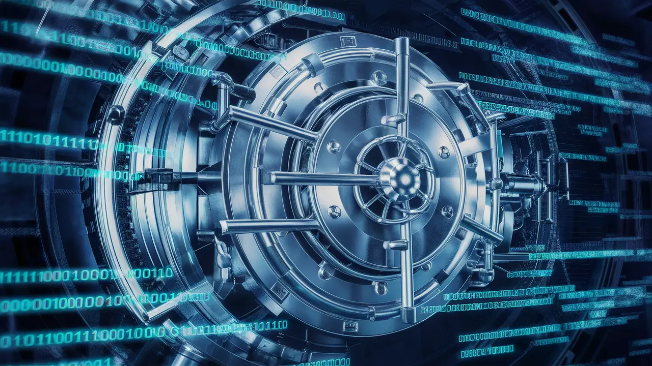 Cofre digital com mecanismo de bloqueio complexo cercado por código binário e fluxos de dados.