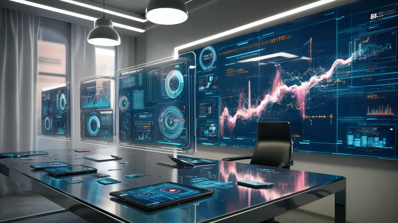 Espaço de trabalho futurista com telas holográficas exibindo análises de dados complexas e gráficos neon.
